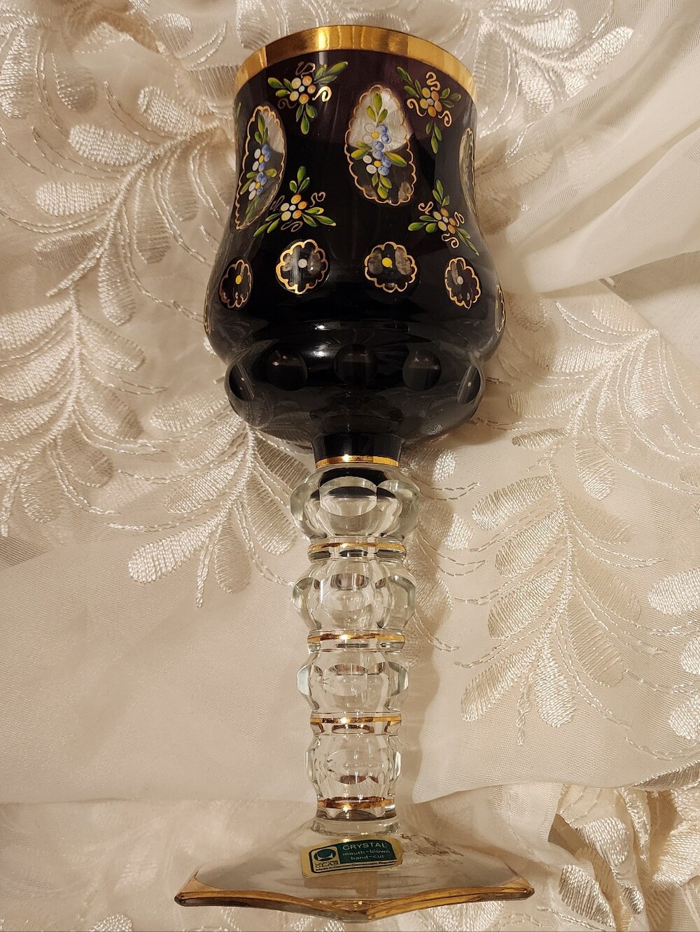EXQUISITE, RARE Vintage Lausitzer Glas Mouth-blown, Hand-painted Crystal Goblet